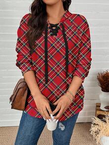 SHEIN LUNE Sudadera con capucha de manga larga de corte holgado con estampado a cuadros navideño para mujer talla grande, rojo para fiesta de Año Nuevo, top rojo, invierno para mujer, invierno para mujer, Año Nuevo, para Año Nuevo, mujer de Año Nuevo, a cuadros - Multicolor - Ver 8