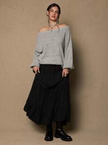 Freevana Plus Size Solid Color Off Shoulder Lantern Sleeve Sweater, Casual Autumn/Winter - Cream - View 4