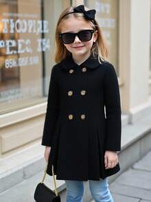 SHEIN Young Girls' Black Double-Breasted Peter Pan Collar Woolen Coat On