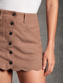 WESTFADE 扇形纽扣前襟修身灯芯绒迷你裙，适合秋季、冬装 - 棕色 - 查看 2