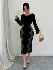 Elenzga Vestido de punto elegante de manga larga y cuello redondo con rayas onduladas ajustado para mujer - Verde Oliva - Ver 6