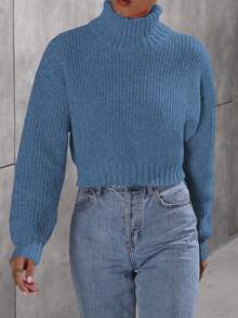 Calvaya Solid Color High Neck Drop Shoulder Long Sleeve Loose Cropped Ribbed Knit Pullover Sweater - Teal Blue - View 6