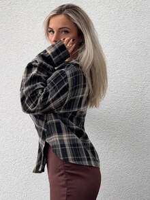 Jeta Ari Women's Plaid Ruffle Hem Long Sleeve Casual Side Split Hem Shirt - Light Grey - View 4