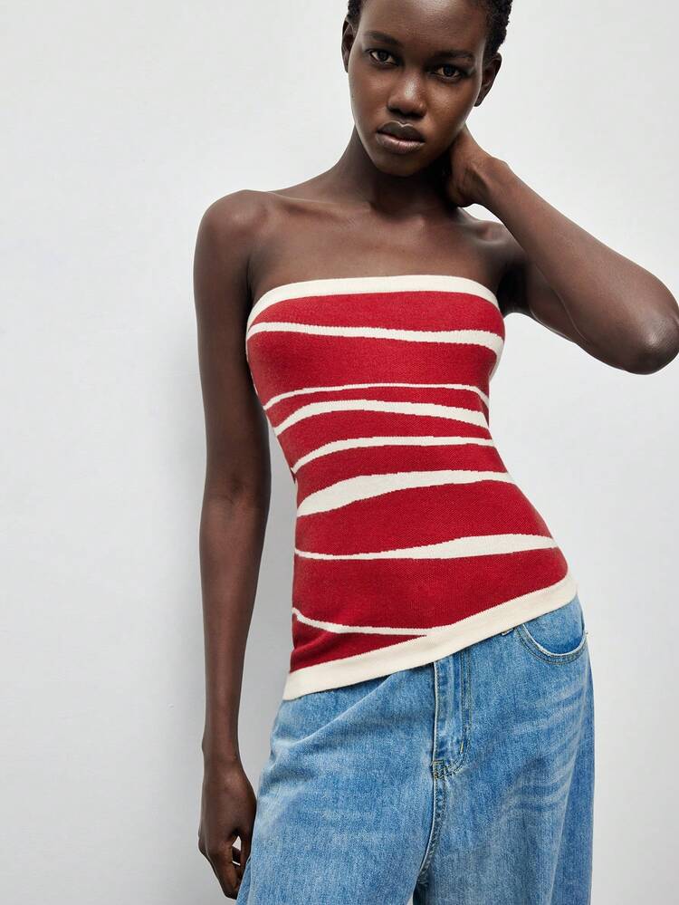 SHEIN Maija 여성용 비대칭 밑단 크리스 크로스 디자인 니트 튜브 탑, 도시 통근, 비즈니스, 캐주얼, 우아함, 크리스마스 및 새해에 적합