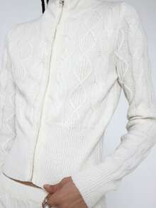 COUREZ Y2K秋冬白色拉链高领针织开衫，适合外出、圣诞节和新年穿着。 - 白色 - 查看 6