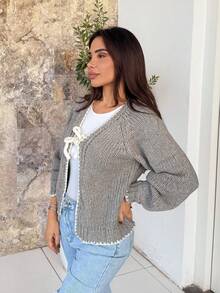 Milla Jasmine كارديجان كنزة صوفية نسائية بياقة على شكل V وأكمام طويلة مع تريم ملون وعقدة، كنزة صوفية محبوكة للخريف/الشتاء