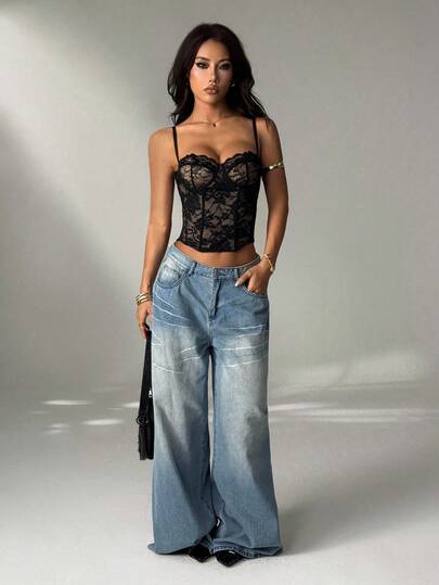 SHEIN PETITE Sexy Lace Sheer Camisole Top, Party, Date Night, Commute, Cute Bralette, Sexy Club Top, Corset Top, Strapless Top, Going Out Top, Summer Tops, Cute Top, Summers For Women, Lace Top, Corset Top, Layering Piece For Autumn/Winter Lacey Top Cleavage Top Corsets Women Tops