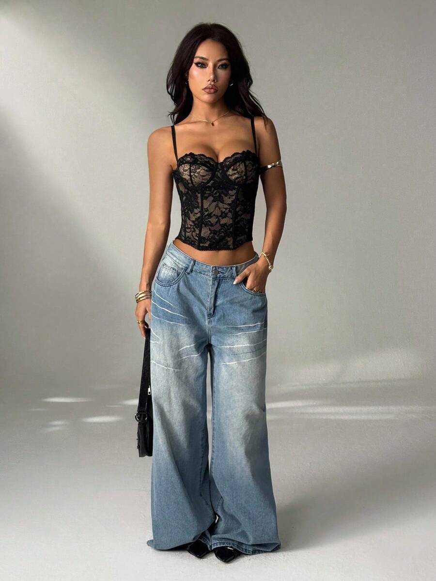 SHEIN PETITE Áo hai dây ren gợi cảm, Dự tiệc, Đêm hẹn hò, Đi làm, Áo lót bralette dễ thương, Áo câu lạc bộ gợi cảm, Áo corset, Áo không dây, Áo đi chơi, Áo mùa hè, Áo dễ thương, Mùa hè dành cho phụ nữ, Áo ren, Áo corset, Áo lót nhiều lớp cho mùa thu/đông Áo ren hở ngực - màu đen - Xem 1