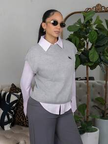 Melissa Matos Women Casual Loose Short Sleeve Knit Top With Small Logo Embroidery Fall Tops,Knitted Sweater - Grey - View 4