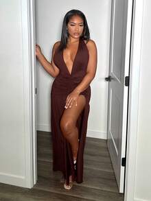 Alexandranx Elegant Romantic Sexy Party Deep V-Neck Halter High Slit A-Line Dress - W,Summer Dresses For Women - Brown - View 3