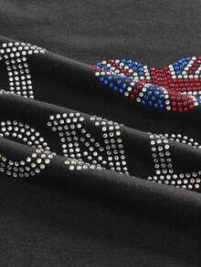 ROMWE MEN Street Life 男士水钻字母印花圆领短袖休闲T恤 - 黑色 - 查看 4