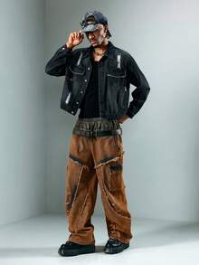 ROMWE MEN Grunge Punk Men's Heavy Distressed Punk Color Block Elastic Waist Casual Straight Leg Jeans - Redwood - View 2