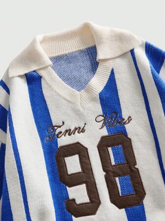 Street Life Men's Half Collar Preppy Letter Jacquard Embroidery Collegiate Style Knit Sweater