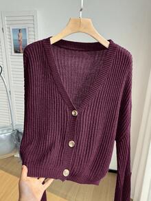 SHEIN EZwear Áo len chui đầu dài tay màu tím đỏ cỡ lớn - Màu đỏ tím - Xem 4