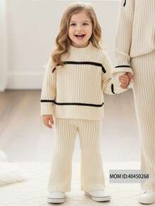 SHEIN Set di maglione e pantaloni in maglia kaki per bambina, maglione oversize vintage di alta qualità minimalista e pantaloni a zampa d'elefante, set di 2 pezzi per autunno e inverno