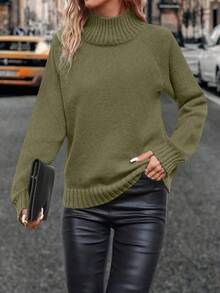 SHEIN LUNE Solid Color Turtleneck Casual Versatile Long Sleeve Pullover Sweater - Army Green - View 3