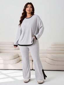 Solflare 2pcs/Set Plus Size Contrast Color Trim Ribbed Knit Round Neck Long Sleeve Top And Slit Leg Long Pants,Winter Clothes For Women - Multicolor - View 3