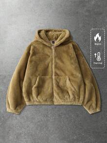 ROMWE MEN Casual 男女通用蓬松连帽夹克，秋冬街头风格美式休闲外套 - 咖啡棕 - 查看 4