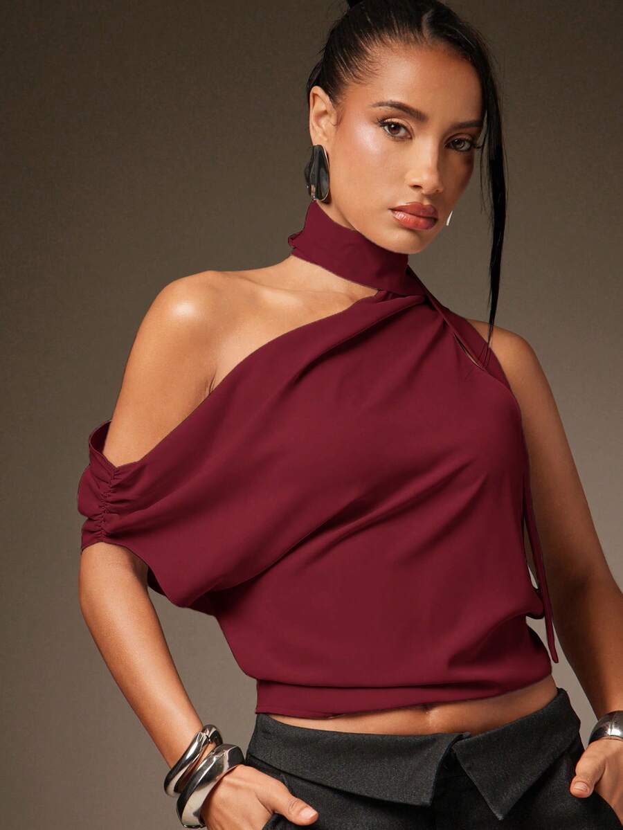 Hauture Áo blouse xếp ly đơn giản, giản dị, gợi cảm, cổ một bên vai, mùa hè - Đỏ - Xem 1