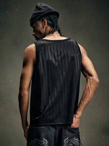 AXEPEAK Men's Letter Graphic Striped Crew Neck Casual Loose Tank Top - Black - View 2