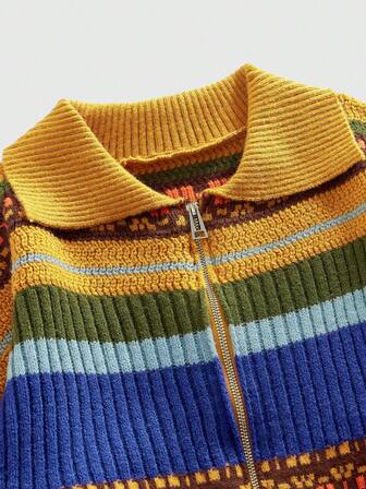 Street Life Men's Contrast Color Striped Zip-Up Cardigan, Autumn/Winter