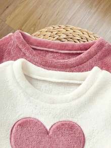 4件套女婴情人节可爱爱心云朵印花圆领长袖上衣和柔软抓绒睡衣套装 - 彩色 - 查看 4