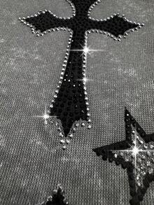 ROMWE MEN Goth 男士休闲水钻十字架翅膀印花连帽卫衣，秋季款，长袖上衣