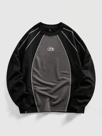 Street Life Maglietta a maniche lunghe da uomo con stampa di lettere e colore a contrasto, collo tondo