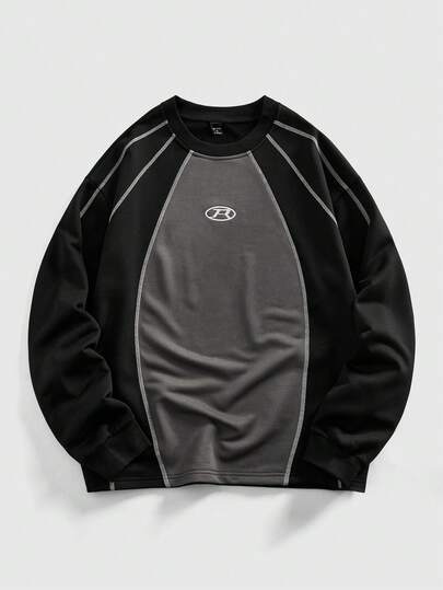 Street Life Camiseta de manga larga con cuello redondo y estampado de letras con color contrastante para hombre