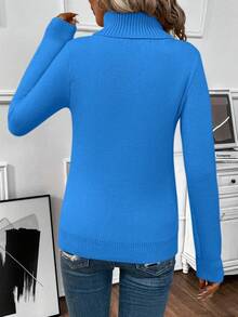 EMERY ROSE Suéter de punto ajustado de cuello alto de manga larga y unicolor para mujer - Azul - Ver 2
