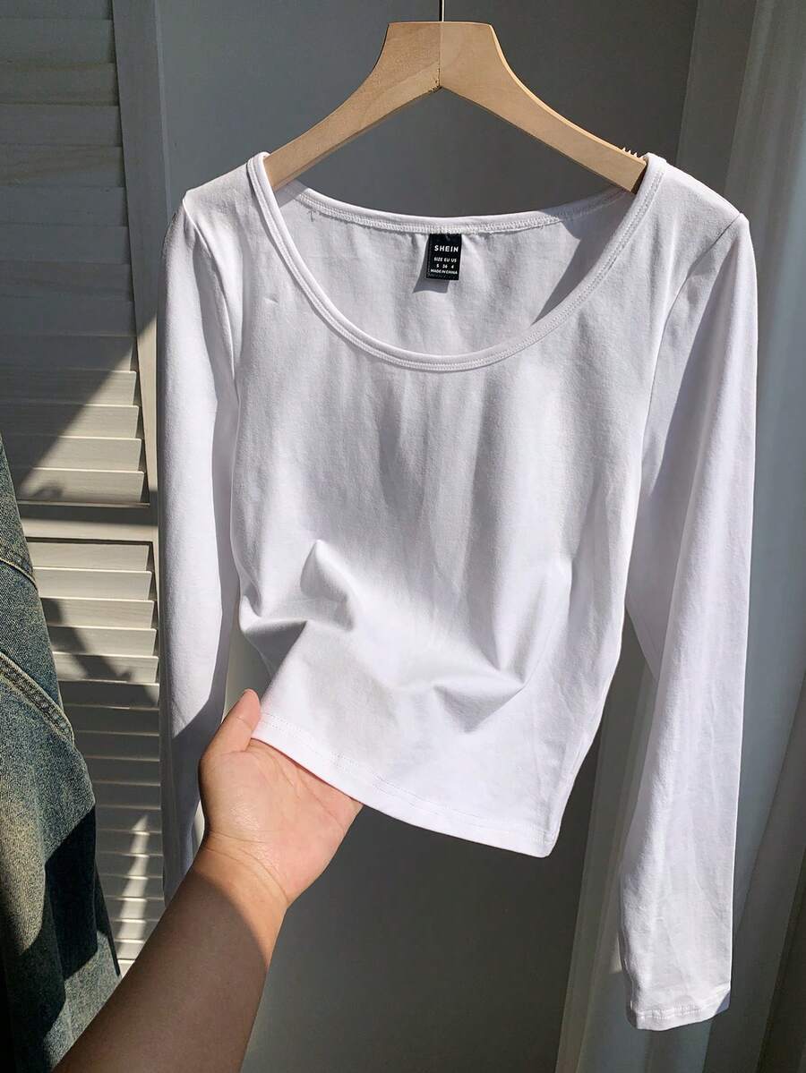 Comfortcana Áo thun nữ tay dài cổ tròn raglan 95% cotton tối giản, thoải mái, màu đen, ôm vừa vặn - trắng - Xem 1