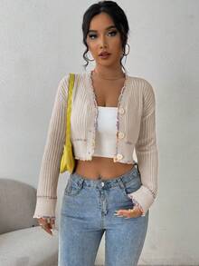 Chiquease Women's Elegant Contrast Trim Button Front Ribbed Knit Cardigan Sweater - Beige - View 3