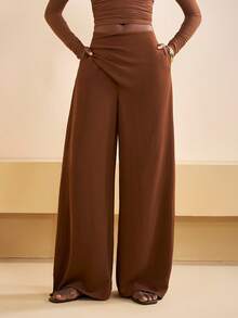 Zivah Women's Espresso Brown Autumn High Waist Wide Leg Pants,Modest Loose Wrap Around Trousers For Brunch,Holiday,Office Work,Daily Casual Western Style - Brown - View 10