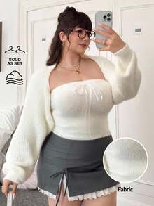 SHEIN EZwear طقم كنزة صوفية طويلة الأكمام من الأصواف الناعمة والجذابة للمقاسات الكبيرة، خريف/شتاء - أبيض - مشاهدة 10