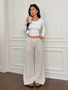 SHEIN PETITE Comfortable And Casual Plain Knitted Low-Rise Wide-Leg Women's Sweatpants - Multicolor - View 5