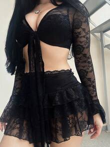 Bộ đồ hai mảnh ren đen dành cho nữ mặc hàng ngày Bộ đồ hai mảnh ren Bộ váy ren dành cho nữ - màu đen - Xem 6