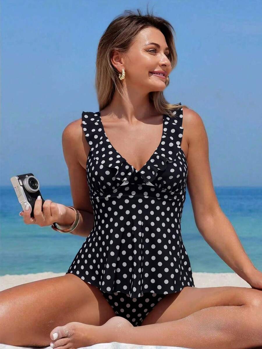 Swim Lushoire 2pcs Polka Dot Print Ruffle Trim Women Camisole & Bikini Set - Black and White - View 1