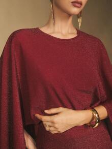 Poéselle Sparkly Red Cape Mini Dress For Women ,Glamorous Asymmetric Cocktail Party Outfit, Elegant Statement Sleeve Evening Wear,Women's Elegant Party Glitter Cape Mini Dress Batwing Sleeve Dress Burgundy Dress Cape Dress Sparkly Dress Red Wine Dress - Red - View 7