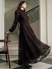 Anewsta Women's Elegant Solid Color Lace Dress, Autumn - Brown - View 3