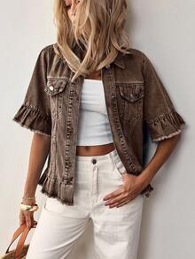 EMERY ROSE Plus Size Casual Washed Denim Jacket With Ruffle Hem - Coffee Brown - View 3