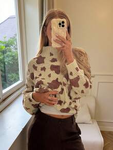 SHEIN EZwear New Fall Brown Sweater Women Clothes Old Money Autumn Women's Casual Stand Collar Milk Texture Sweater, Autumn/Winter Cow Print Sweater Brown Sweater Women Winter Sweater Fall Sweater,Leopard Print Top - Brown - View 1