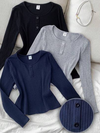 Tween 女童纯色圆领长袖运动街头风针织上衣，多件装