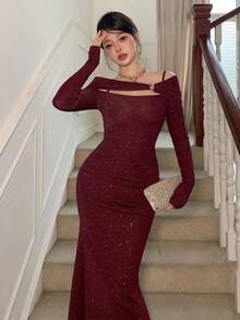 DAZY Robe longue élégante à épaules dénudées, manches longues, avec décoration de sequins, pour femmes. Idéale pour le Nouvel An et Noël - Rouge foncé - Voir 7