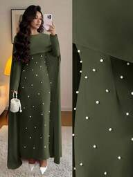 Elenzga Women's Autumn/Winter Knitted Round Neck Long Sleeve Umbrella Puff Pearl Decor Waist Fitted Maxi Party Dress, Elegant & Versatile