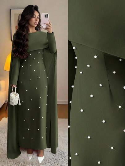 Elenzga Women's Autumn/Winter Knitted Round Neck Long Sleeve Umbrella Puff Pearl Decor Waist Fitted Maxi Party Dress, Elegant & Versatile