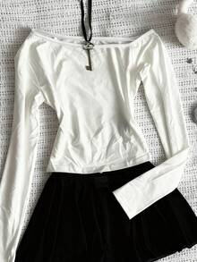 Rina Fox Y2K 女款斜肩长袖 T 恤，送给姐妹的礼物 - 白色 - 查看 2