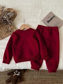 Baby Girl Knitted Soft Pullover Sweatshirt & Sweatpants Set, Thick & Casual, Suitable For Autumn/Winter, Burgundy - Burgundy - View 2