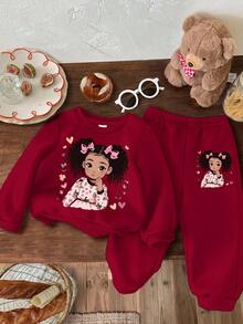 Baby Girl Knitted Soft Pullover Sweatshirt & Sweatpants Set, Thick & Casual, Suitable For Autumn/Winter, Burgundy - Burgundy - View 3