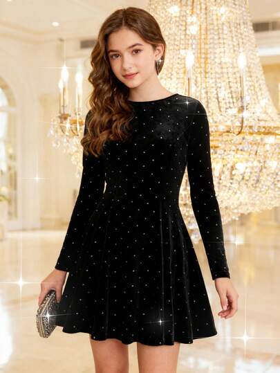 SHEIN Pitira Black Velvet Silver Foil Elegant Party Dress For Teen Girls, Autumn/Winter Black Dresses For Women Star Dress Teen Girls Elegant Long Sleeve Dresses Girl Black Elegant Dress Girl Velvet Dress