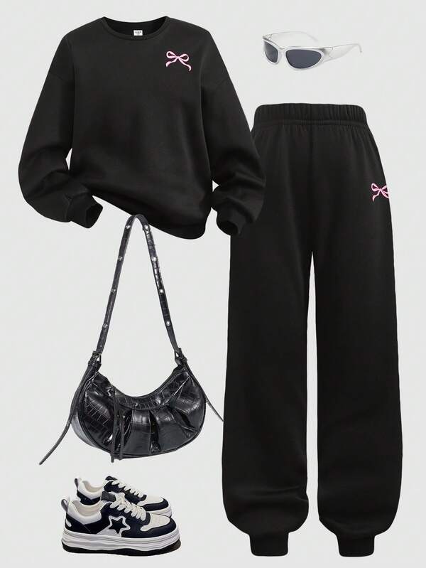 SHEIN Tween Girls Casual Gray Knit Loose Drop Shoulder Top With Pink Bow Print & Jogger Pants 2 Piece Outfit, Suitable For Back-To-School, Everyday Wear, Family Outdoor Activities Y2k Outfit Girl Y2k Outfit Y2k Clothes Girls Outfit Sets Baggy